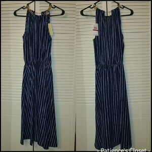 Michael Kors NWT XS Navy Blue & White Maxi Dress with Gold Chain Boho Quiet Lux